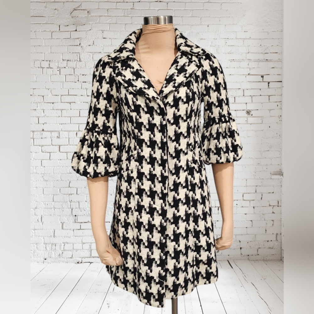 LOVE STITCH Wool Blend Black Ivory Houndstooth Trench Coat S